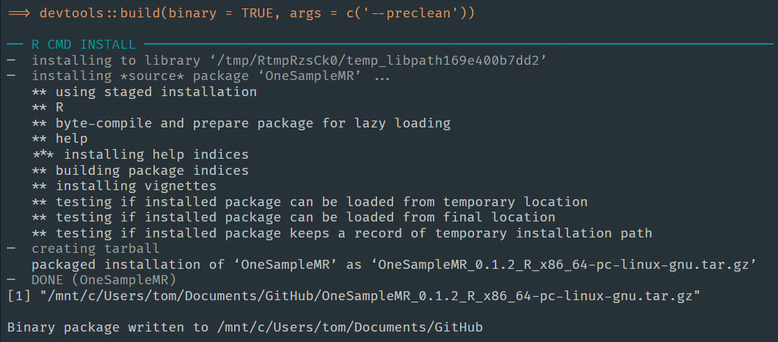 Screenshot of building a binary package in RStudio.