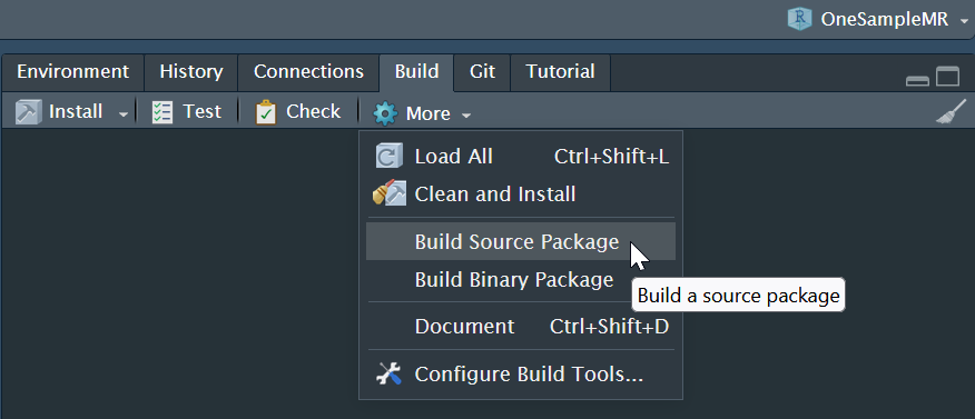 Screenshot of build pane options for building bundled source and binary packages.