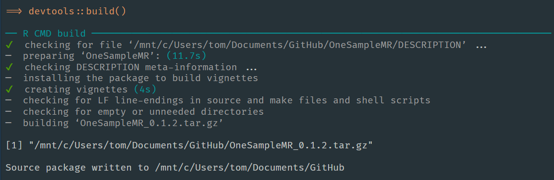 Screenshot of building a bundled source package in RStudio.