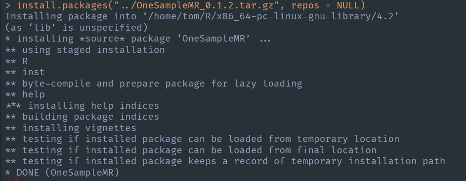 Screenshot of installing a bundled source package in RStudio.