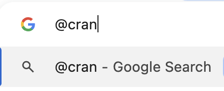Screenshot of a Google Chrome site search shortcut for the METACRAN CRAN mirror.