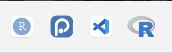 Screenshot of RStudio, Positron, Visual Studio Code, and R icons in Finder toolbar.