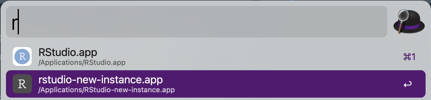 Screenshot of using Alfred to launch RStudio Desktop.