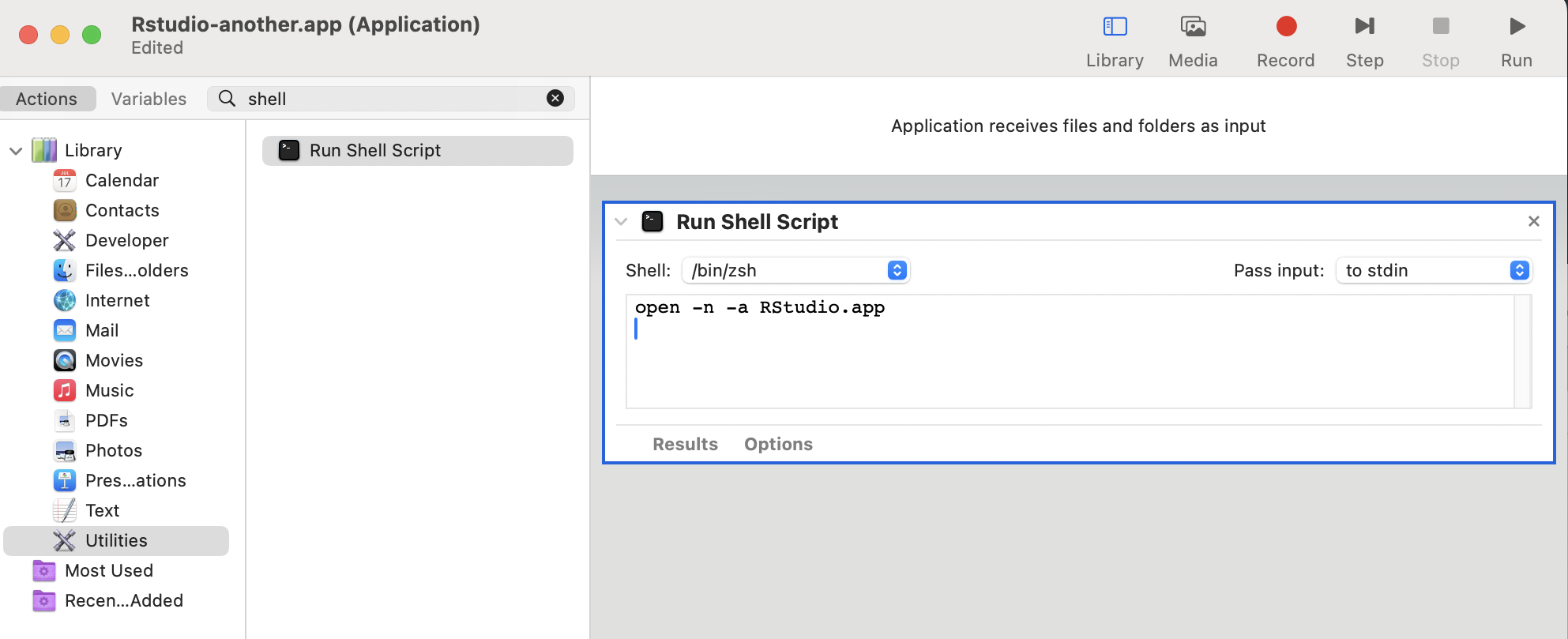 Screenshot of configuring the automator app to run a shell script to open a new instance of RStudio Desktop.