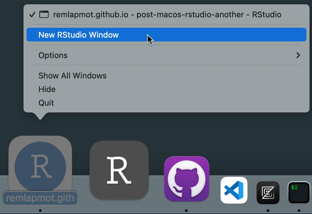 Screenshot of right clicking on the RStudio Desktop icon in the dock.