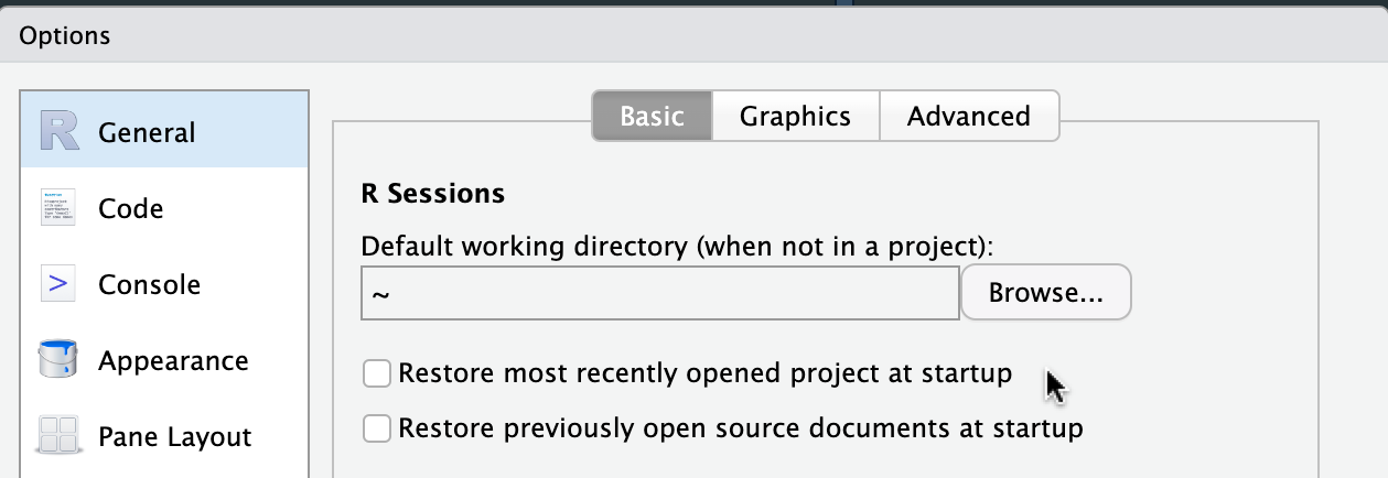 Screenshot of RStudio Desktop preference pane.