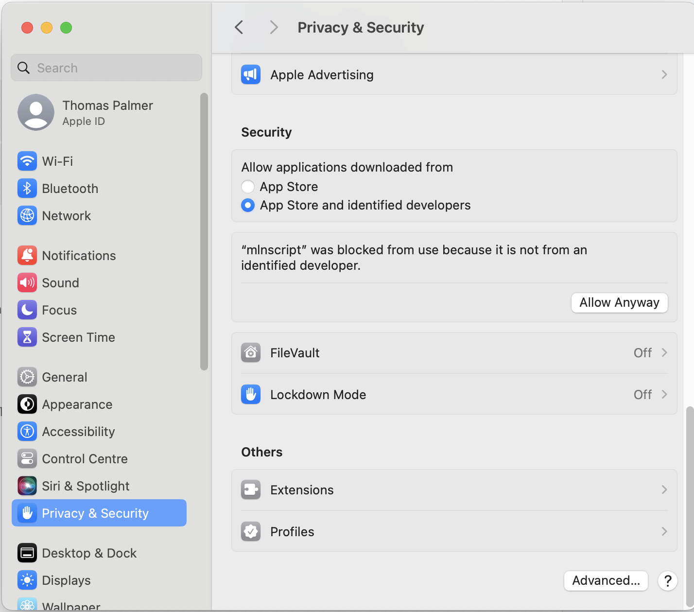 Screenshot of macOS privacy and security setting.