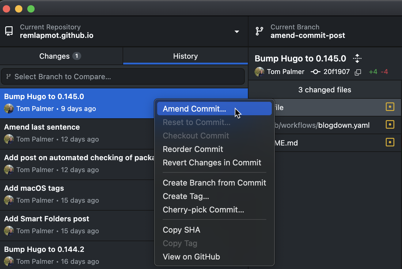 Screenshot of amending a commit in GitHub Desktop.