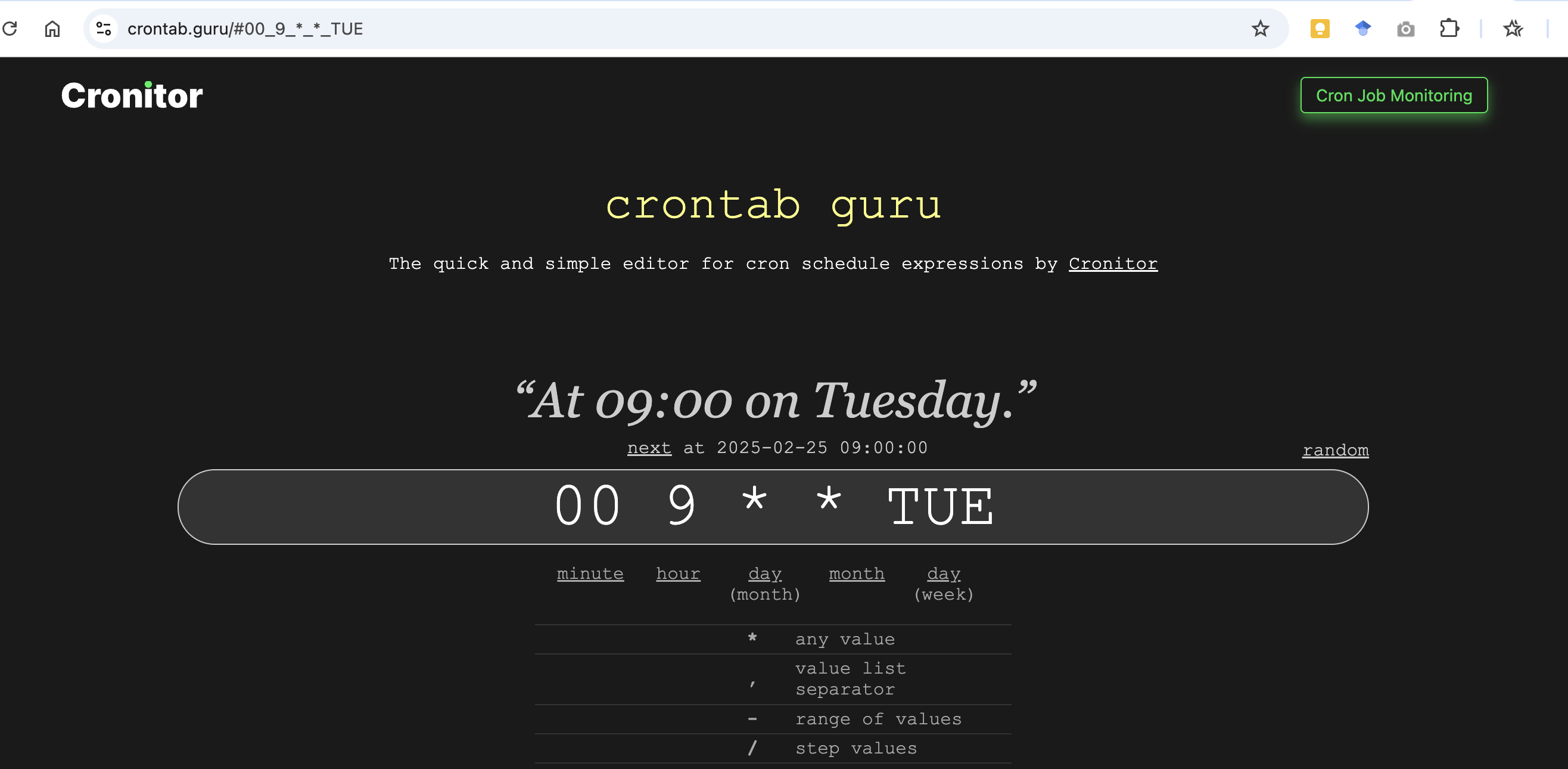 Screenshot from the crontab guru website.