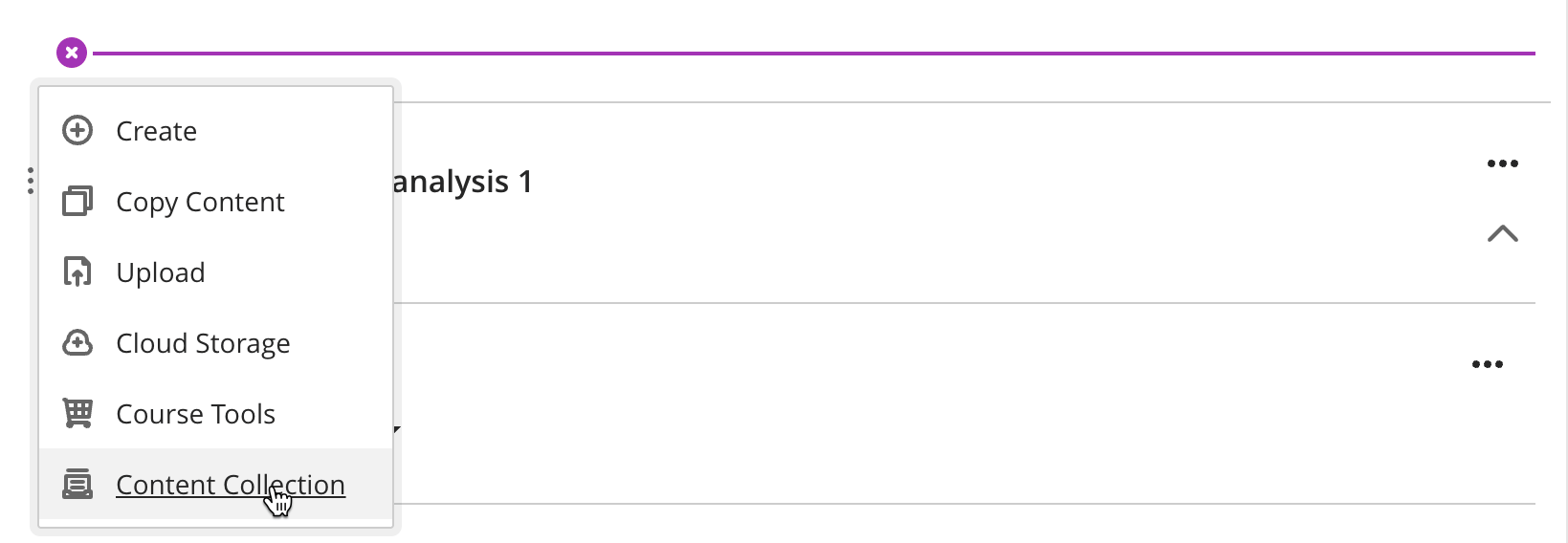 Screenshot of selecting Course Content in Blackboard whn uploading a file.