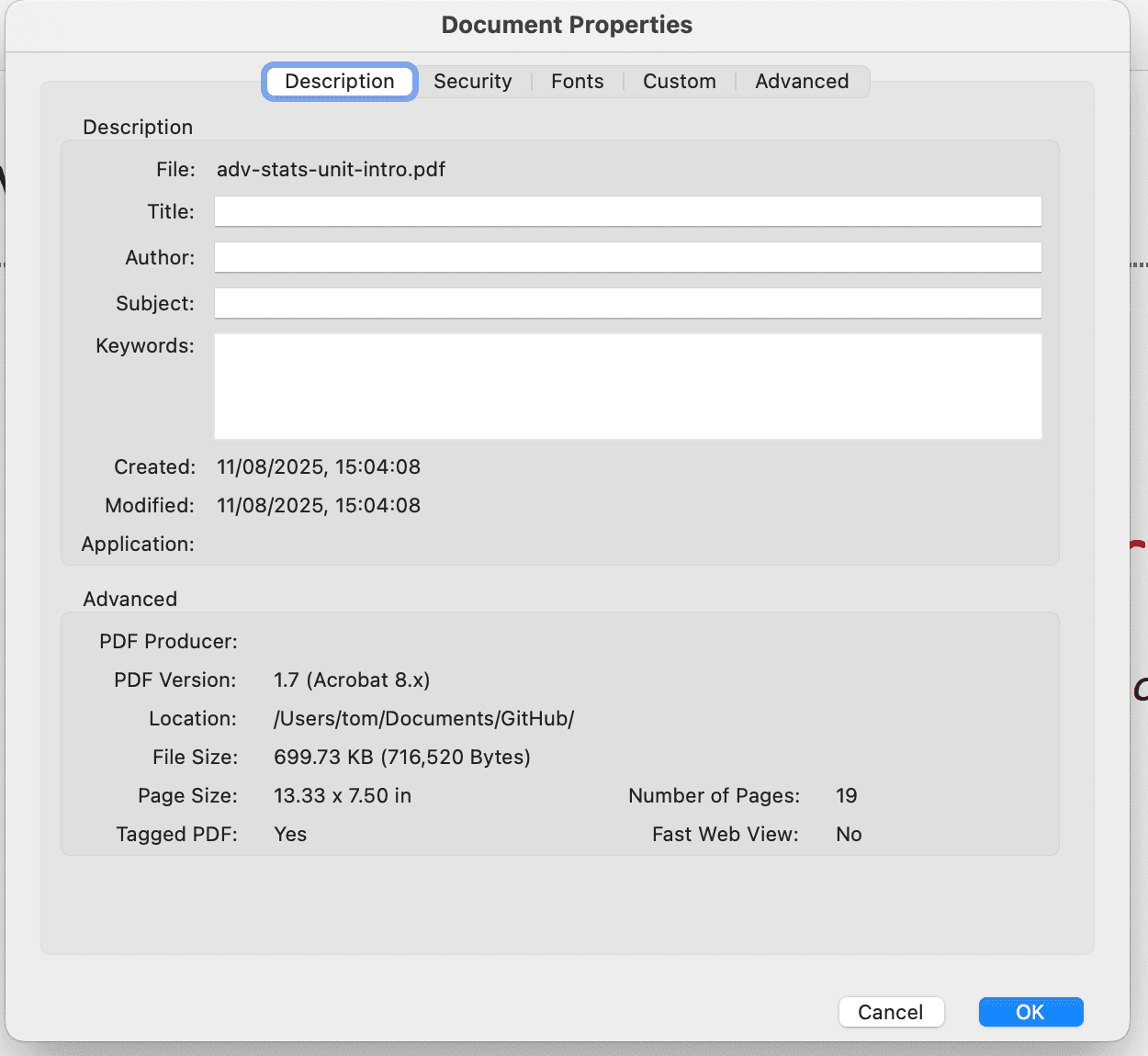 Screenshot of document properties tab in Adobe Acrobat Reader.