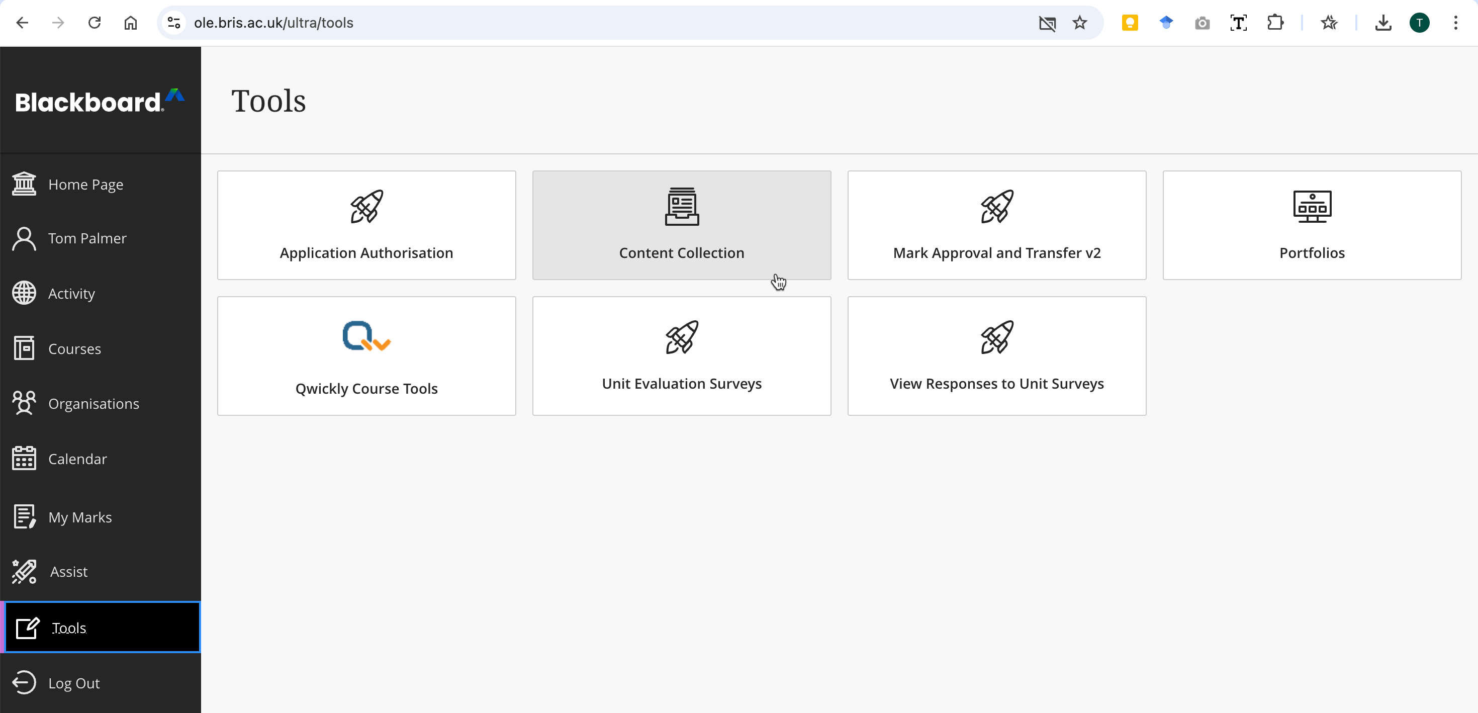 Screenshot of Blackboard Content Collection selection not from within a course.