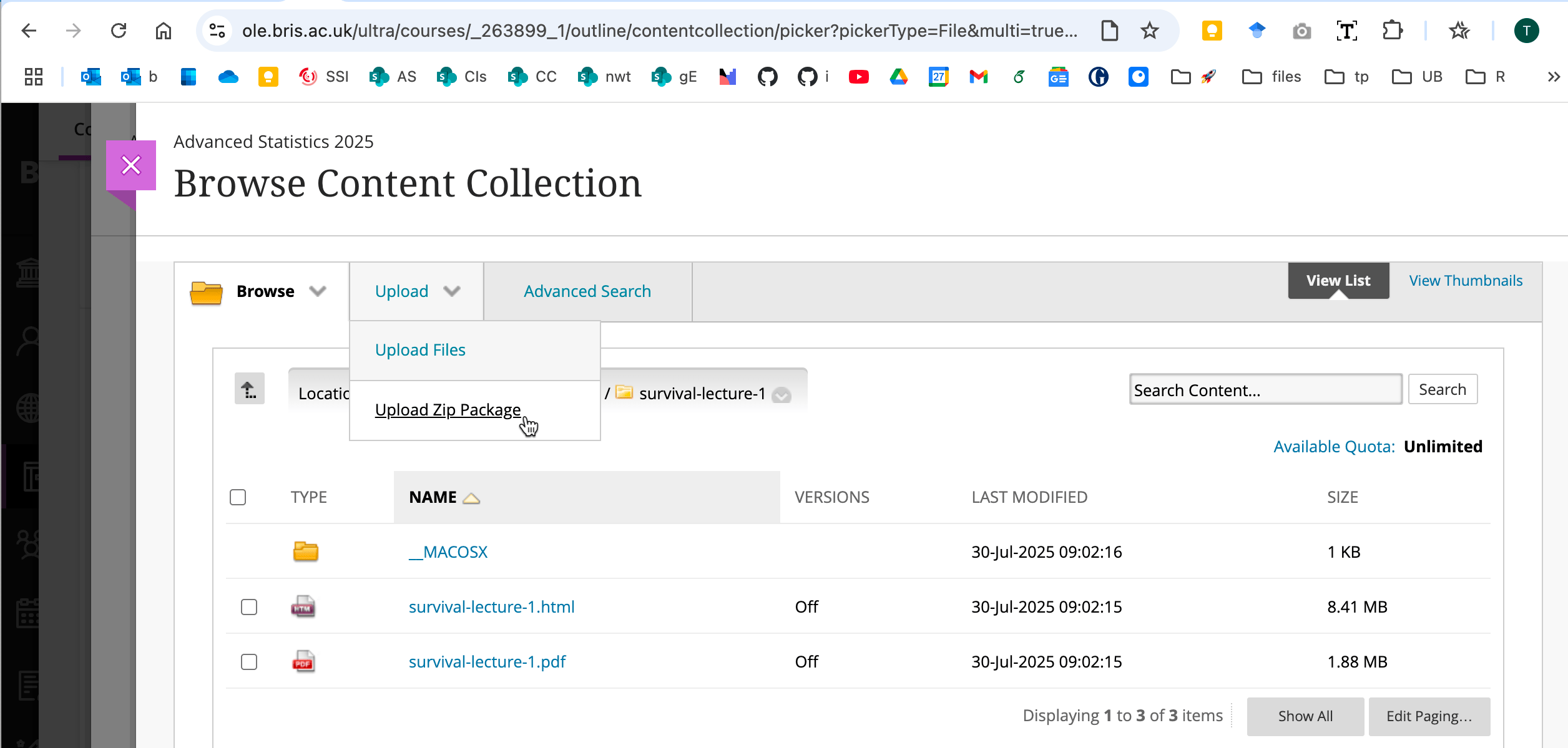 Screenshot of uploading a zip package of a Quarto html file.