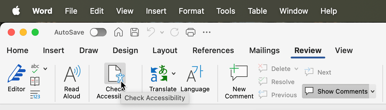 Screenshot of accessing the accessibility checker within Microsoft Word.