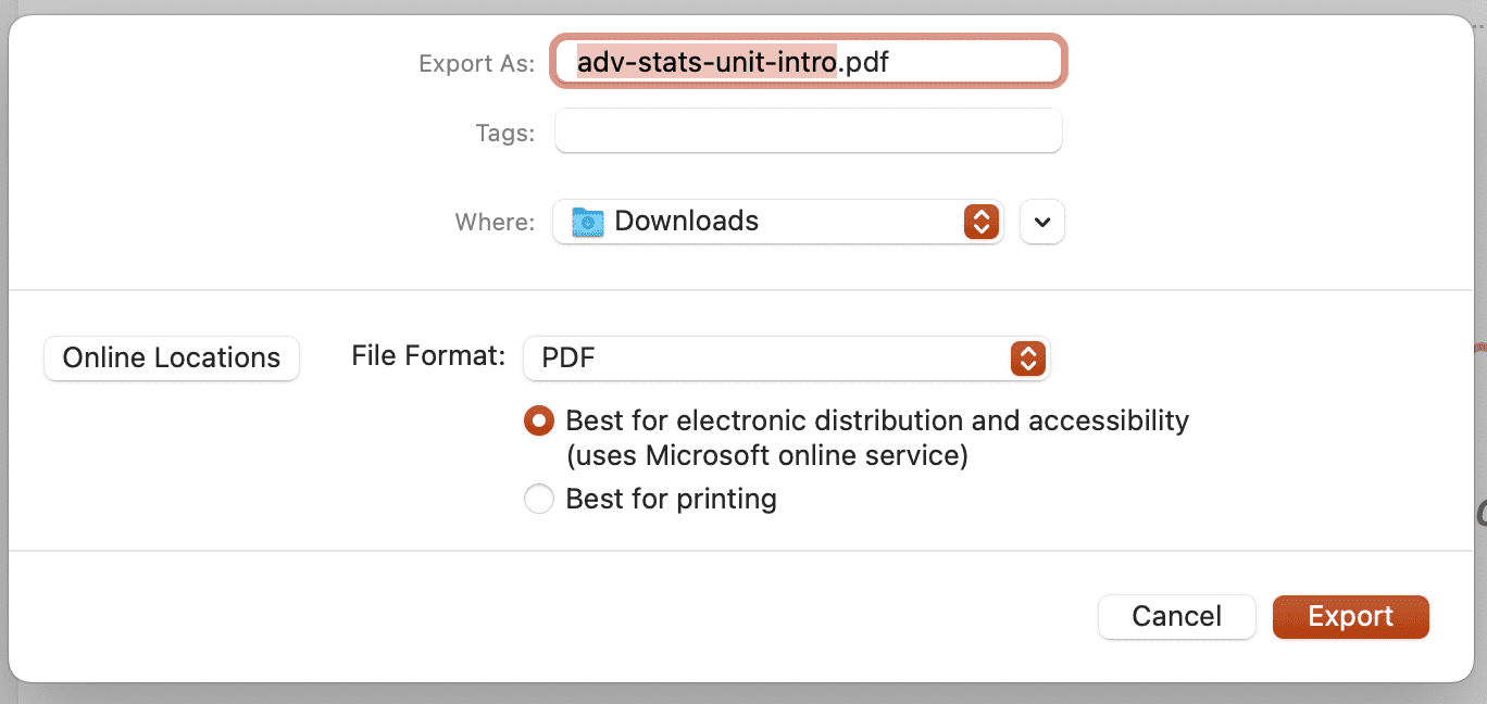 Screenshot of Powerpoint export to pdf window on macOS.