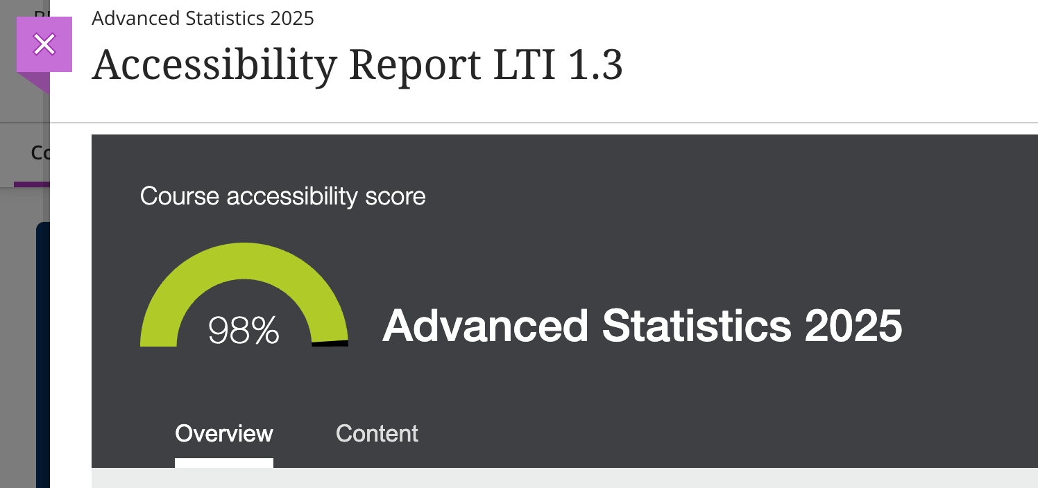 Screenshot of Ally Accessibility Checker 1.3 summary score for my module within Blackboard online learning environment.