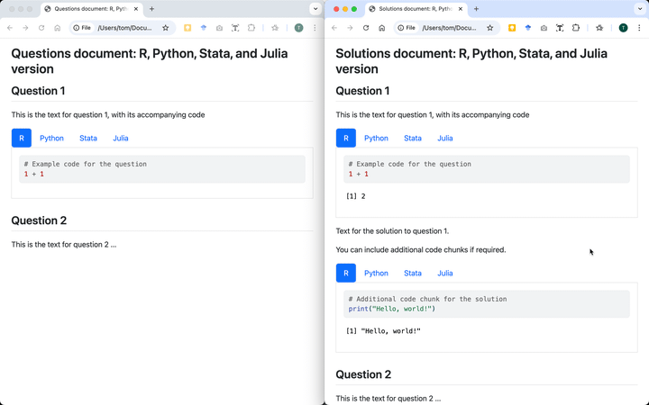 Screenshot of the questions and solutions documents produced from a single tutorial Quarto document using Quarto profiles.