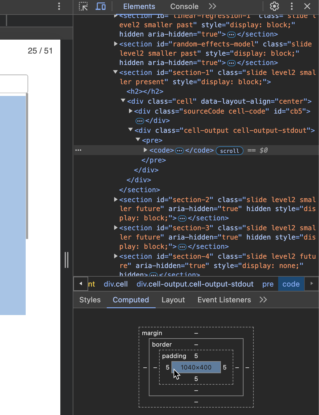 Screenshot of using Google Chrome developer tools to inspect the CSS class of an element of a code output cell.