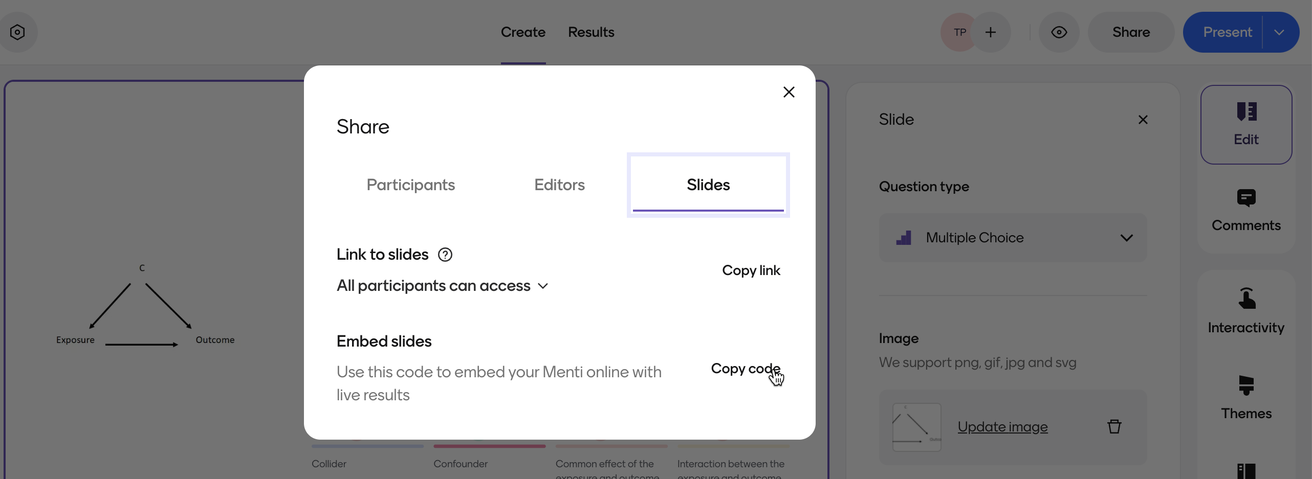 Screenshot of the menu to copy the html code to embed a Mentimeter presentation.