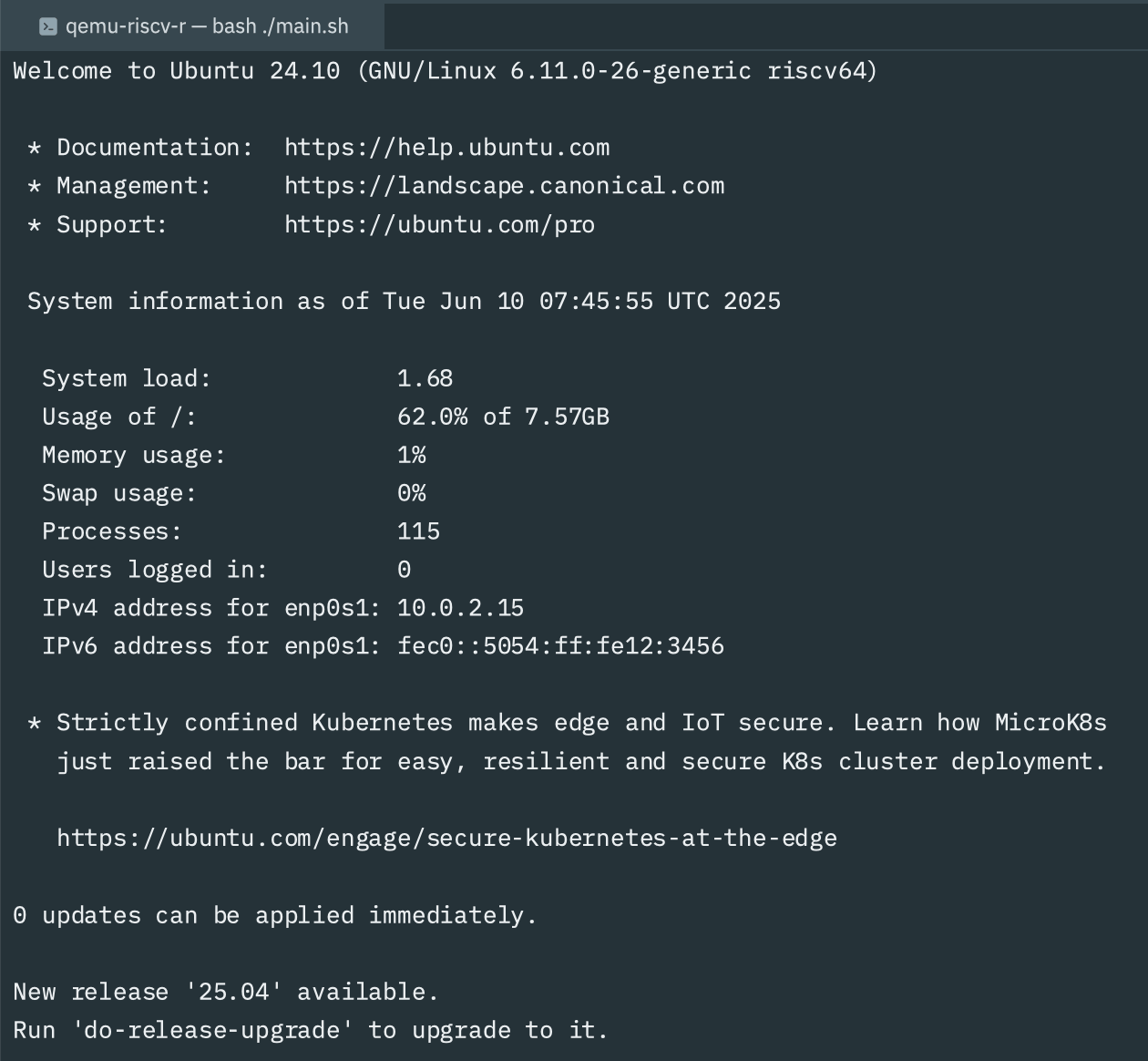 Screenshot of the Ubuntu server startup message running on an emulated RISC-V virtual machine.