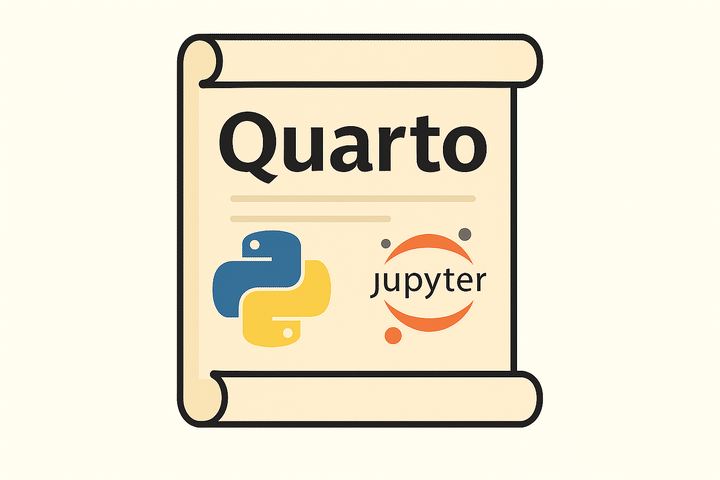 Image of a scroll, representing a script, containing the word Quarto and the Python and Jupyter logos.