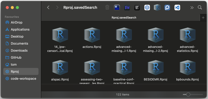 Screenshot of macOS Finder window showing the saved Smart Folder of RStudio project files.