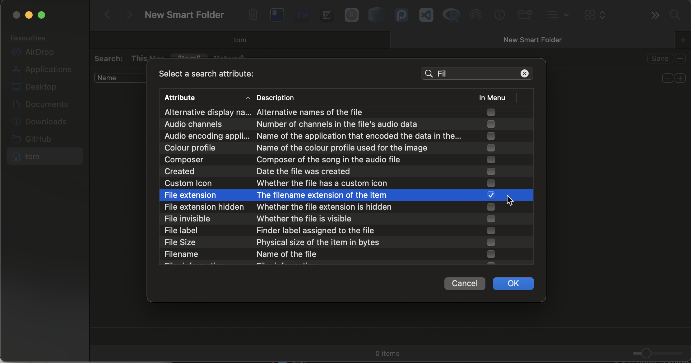 Screenshot of adding the file extension attribute as part for a new Smart Folder in macOS Finder.