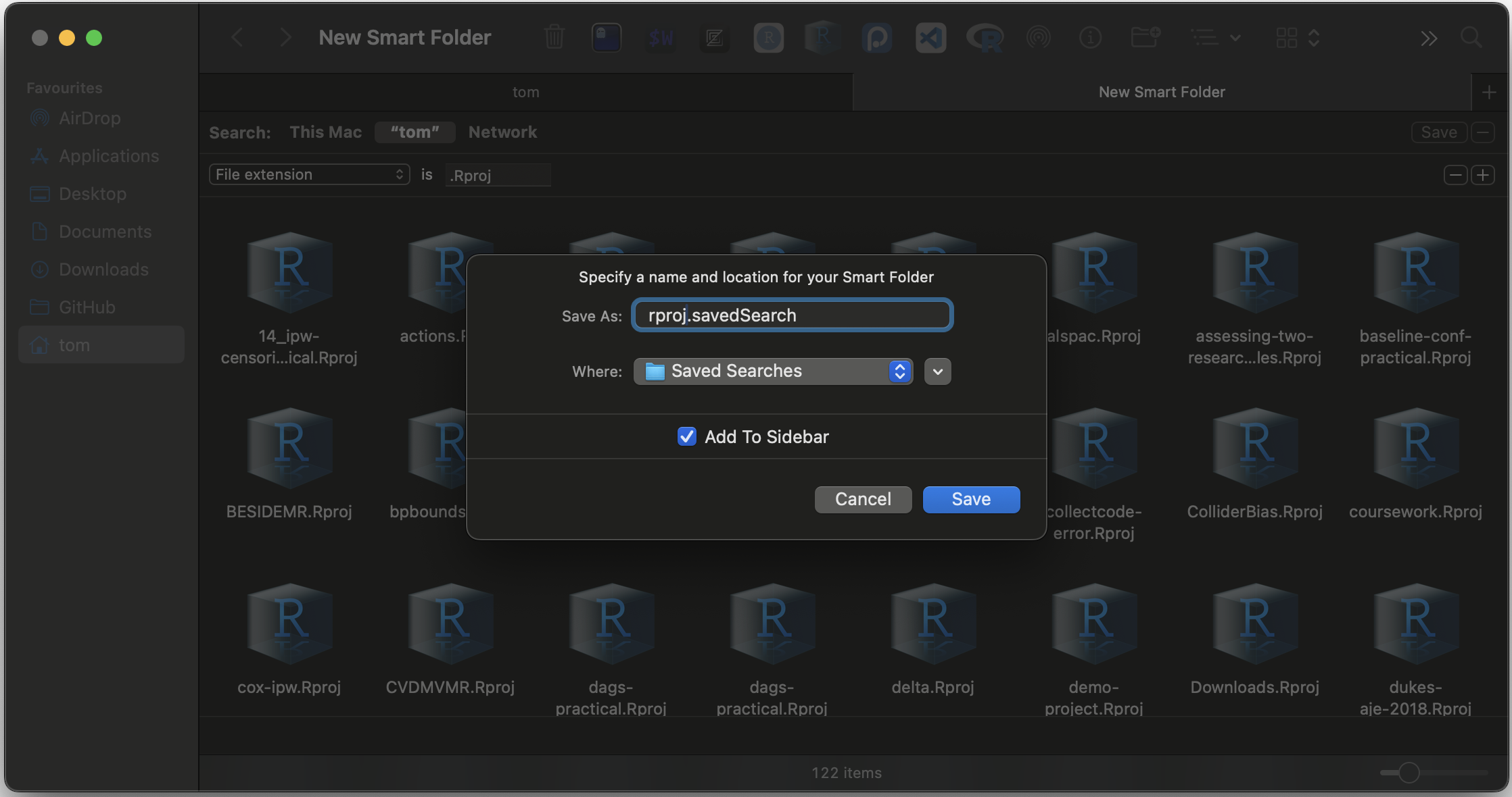 Screenshot of saving the new Smart Folder in macOS Finder.