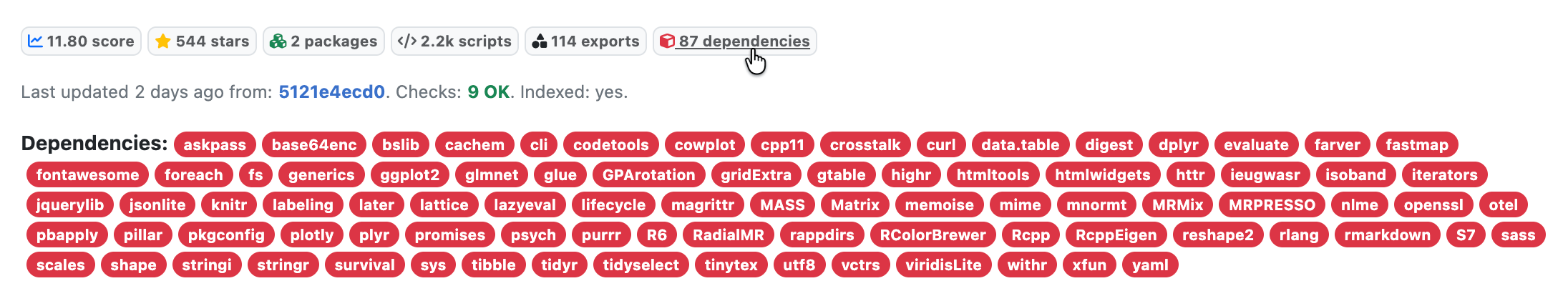 Screenshot of expanding the dependencies pill on an R-universe package page.