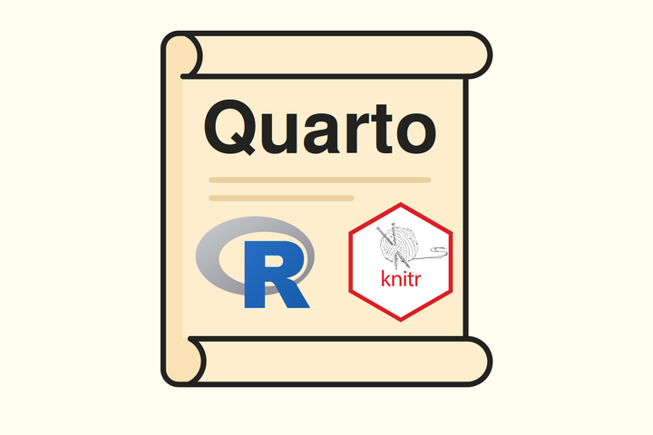 Image of a scroll, representing a script, containing the word Quarto and the R and knitr logos.